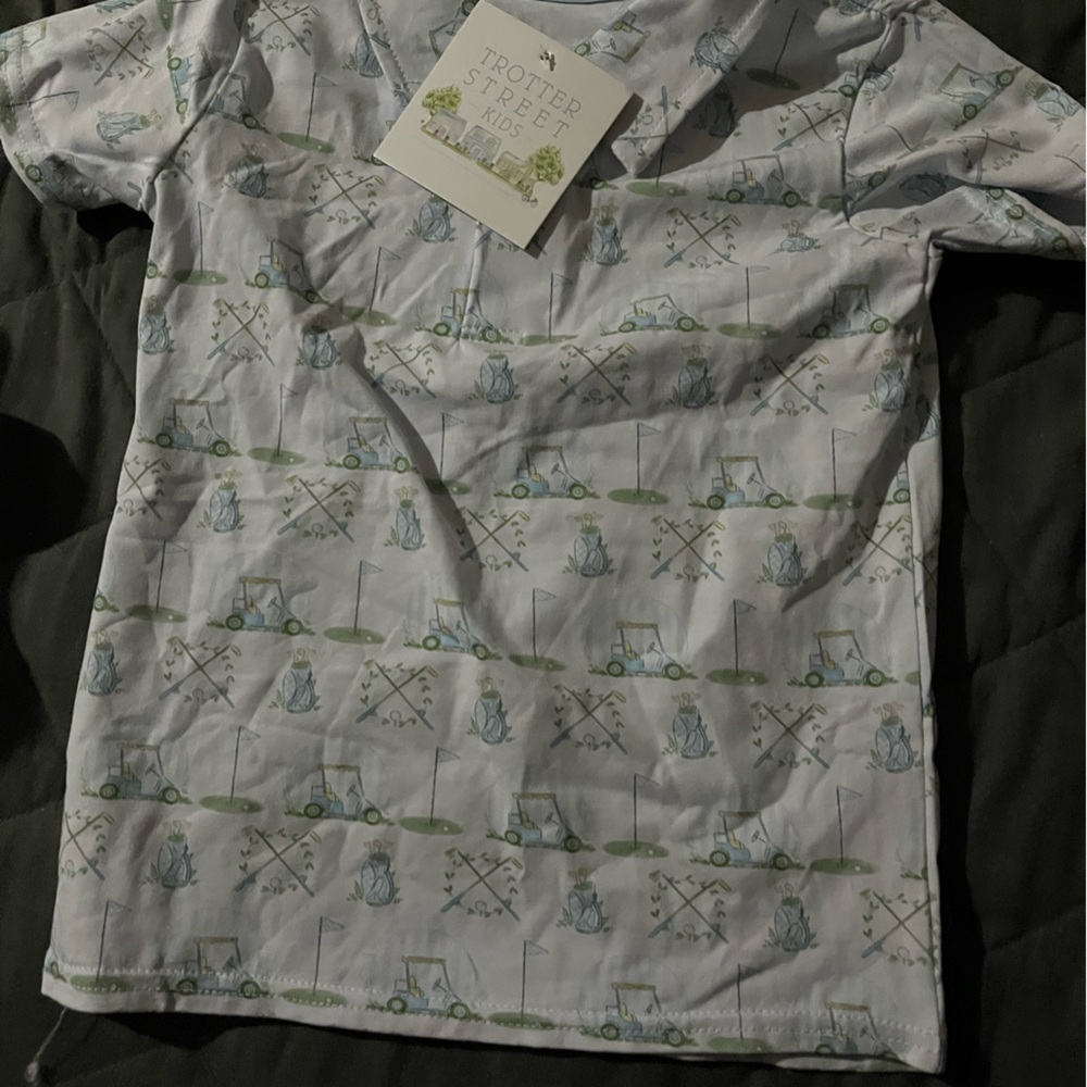 Trotter Street Kids Golf  Patterned  Shirt in White and Green
